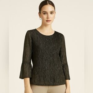 Alfani, Women’s Black/Silver Metallic, Jewel Neck, Blouse. 3/4 Sleeves. Small.